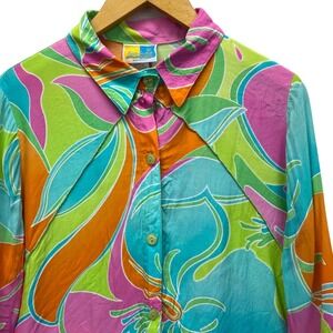 SeaSuns Vintage Rayon Button Up Shirt Womens Large Pink Green Abstract Tropical